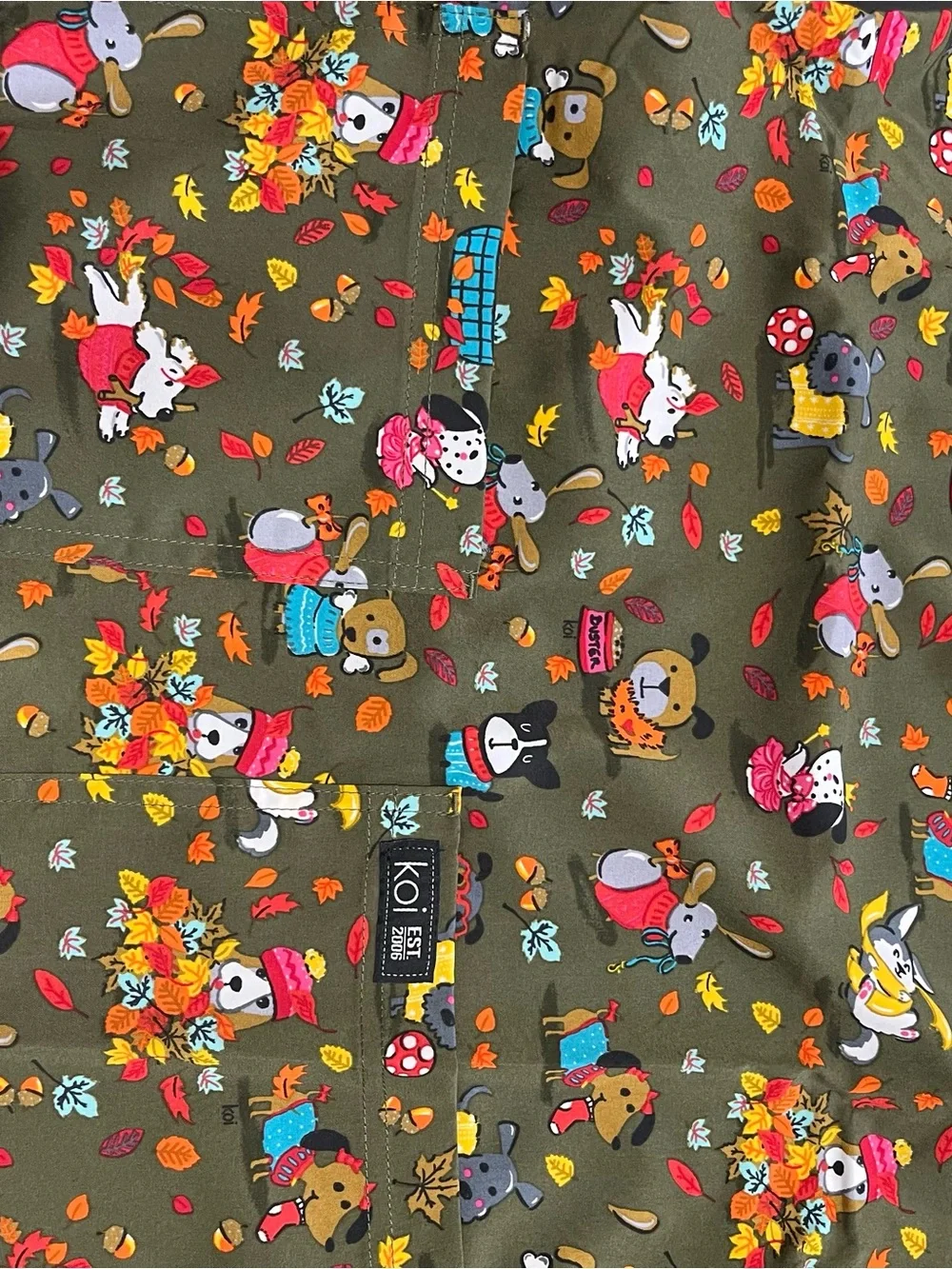 NWT Koi Olive Green Fall Dog Print Short Sleeve Scrub Top Multi Sizes - Picture 3 of 9